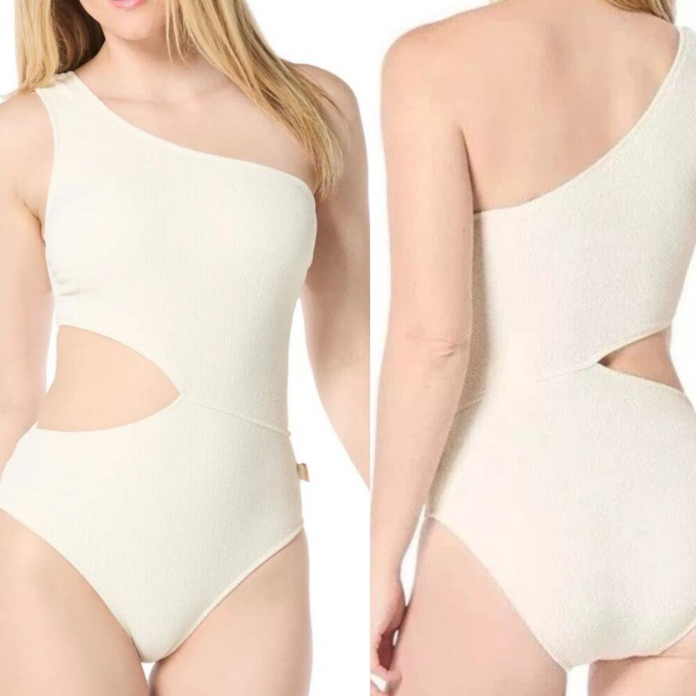 Michael MK Textured One Shoulder Cutout One Piece Swimsuit Cream Women 12 NWT